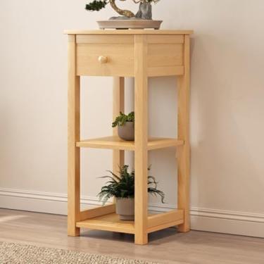 Imagem de Mesa de console de madeira maciça - Rack de armazenamento simples com gavetas, suporte de exibição multicamadas para plantas, ideal para varanda, varanda, corredor e corredor