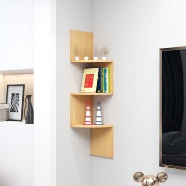 Imagem de Estante de canto de madeira montada na parede - Rack de armazenamento multicamadas para quarto, sala de estar, estudo, biblioteca - Prateleira de canto versátil para organização que economiza espaço