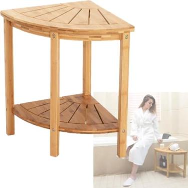 Imagem de Banco De Chuveiro De Canto Assento Pequeno Piso Banheiro Prateleira De Canto Suporte Madeira Impermeável 2-tier Spa Banho Organizador Banco Multiuso Rack De Armazenamento Para Banheiro Cozi