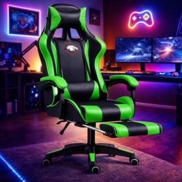 Imagem de Cadeira Gamer Ergonômica com Apoio para Pés, Reclinável, Design Esportivo com Suporte Lombar e Cervical (Preta e Verde)
