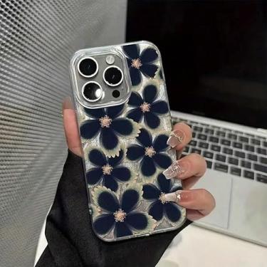 Imagem de Capa de telefone transparente com design floral azul marinho, detalhes em ouro rosa, capa protetora para iPhone (iPhone 16e, multicolorida)