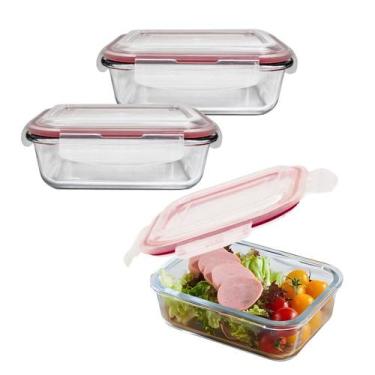 Imagem de Kit 2 Pote De Vidro C/ Tampa Hermética Marmita Fit Colorido Trava 1040