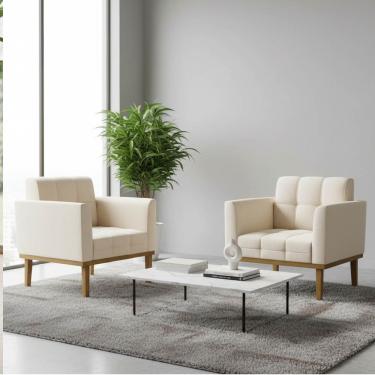 Imagem de Poltrona Sala Decorativa Kit 2 Elisa Base Madeira Castanho Sintético PU Bege D03 - D'Rossi