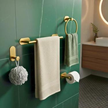 Imagem de Kit Porta Toalha Banheiro Acessórios Sem Furo Dourado Lavabo Adesivo 4