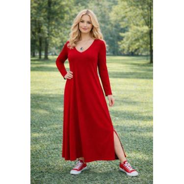 Imagem de Vestido Gola V Manga Longa com Bolso - modanascimento, Vermelho, GG