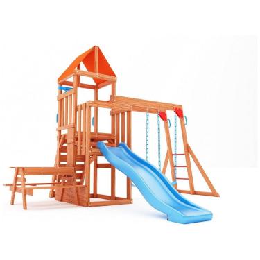 Imagem de Conjunto de Balanço Infantil? 6 em 1 Dolphin Playground T Madeira Natural Multicolorido com Barra de Macaco, Mesa 2 em 1, Escorregador Onda