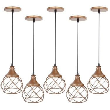 Imagem de 5 Pendentes Aramado  Cobre Rose Gold Lustre Luminária Teto Regulável Sala Cozinha