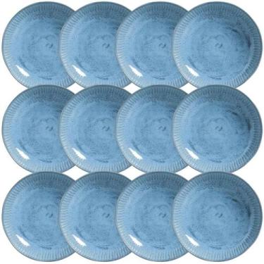 Imagem de Kit 12 Pratos Fundos 830ml Cerâmica Azul Linhas Breeze 22,5cm Mesa Jan