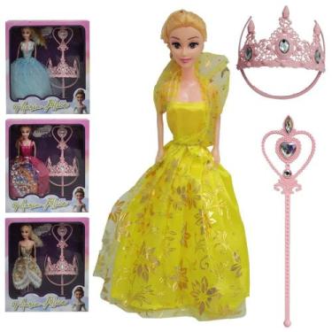Imagem de Boneca com Vestido, Tiara e Varinha Mágica Cetro  Boneca Princesa Infa