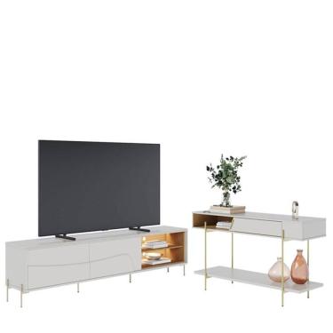 Imagem de Rack Bancada Amalfi Com Pés Em Metal E Aparador Para Sala Sena Off White Matte Freijó - Colibri