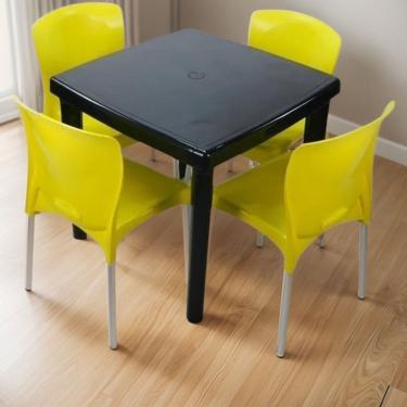 Imagem de Conjunto Mesa Quadrada e 4 Cadeiras com Pés em Alumínio Estrutura para Uso Comercial e Residencial Preto Amarelo