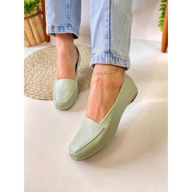 Imagem de Mocassim feminino verde couro legítimo sapatilha bico quadrado marca n