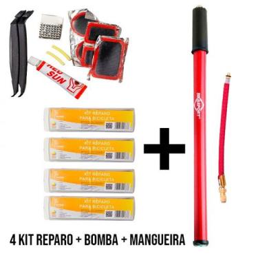 Imagem de Kit Bomba Ar Manual + Reparo Pneu 4pçs + Mangueira - Rod