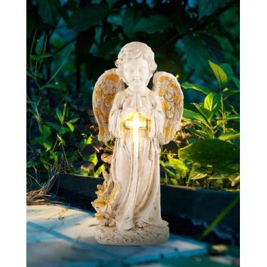 Imagem de Estátua de Anjo Solar ATLIKE 30 cm com Cruz Iluminada para Jardim