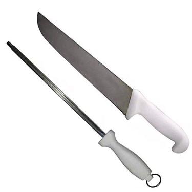 Imagem de Kit Faca Açougue Churrasco Cozinha Aço Inox 12" com Chaira 12" Cabo Branco