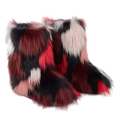 Imagem de TangDao Botas coloridas de pele sintética para mulheres, felpudo, felpudo, bico redondo, camurça, inverno, confortável, pelúcia, quente, curto, botas de neve, botas de cano médio para