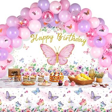 Imagem de Tiamon Decorações de festa de feliz aniversário de borboleta incluem kit de arco de balão rosa roxo fotografia pano de fundo banner toalha de mesa borboleta 3D para decoração de festa de aniversário