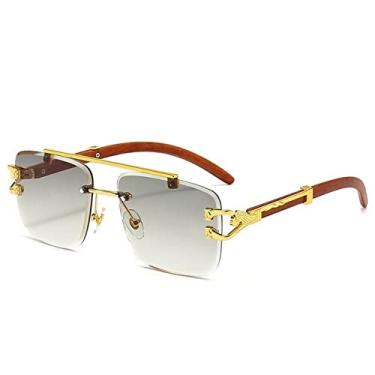 Imagem de Óculos de sol quadrado sem aro com impressão em madeira retrô feminino designer de luxo dourado decoração leão óculos de sol masculino tons oculus, verde, um