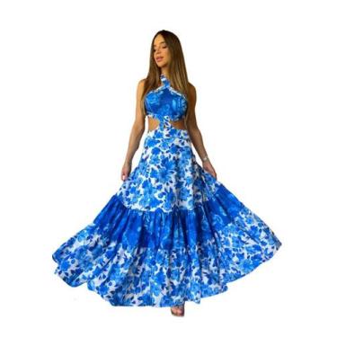 Imagem de Vestido Zarky Midi Recortes Estampa Floral Azul - Pimpnella