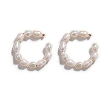 Imagem de 1 par de brincos de argola de orelha de pérola sintética minimalista com punho de orelha dourada, sem necessidade de piercings Bohemia empilhável em forma de C, brincos pequenos com clipe de brincos para mulheres, joias de casamento