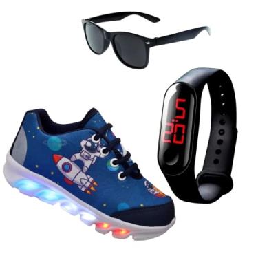 Imagem de Kit Tênis De Led Infantil Menino Masculino Astronauta + Relógio + Óculos, Tamanho 25