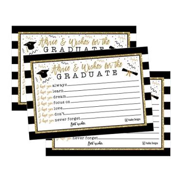 Imagem de 25 cartas de recomendação de graduação para graduação da faculdade 2018, ensino médio, graduação universitária, artigos engraçados para jogos de festa preto e dourado apresentando atividades lembranças para álbum de fotos de 4 x 6