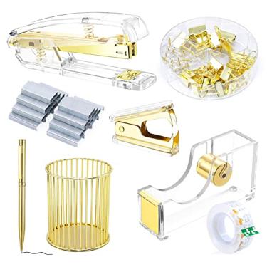 Imagem de BOMEI PACK Kit de acessórios de mesa, grampeador e removedor de grampos com 1000 grampos, dispensador de fita com 2 rolos de fita transparente, 1 caneta e suporte de lápis, clipes de fichário, clipes de papel