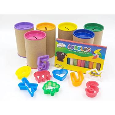 Imagem de Kit Mimos 12 Tubos Cofre 6x10cm 48 Cortadores 3 Caixas Massinha 12 Cores Lembrancinhas