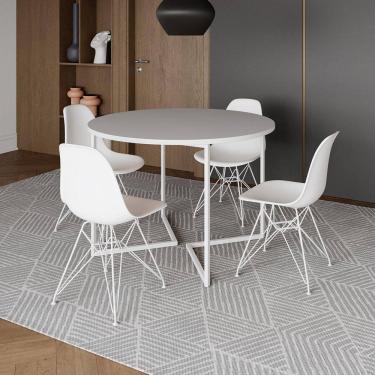 Imagem de Mesa Industrial Jantar Redonda Branca 110cm Base V com 4 Cadeiras Eames Brancas Ferro Branco