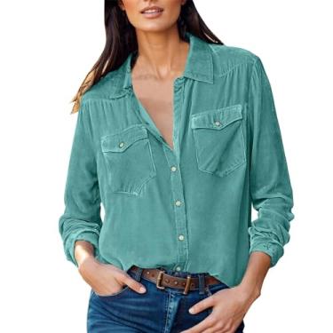 Imagem de Camisetas femininas de manga comprida blusa de veludo dourado blusa de botão vintage gola V lapela gola tops camisa com bolso, G#_verde, P