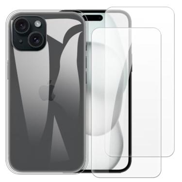 Imagem de Shantime Capa compatível com iPhone 15 Plus + [pacote com 2] película protetora de tela de vidro temperado - silicone TPU flexível macio para iPhone 15 Plus (6,7 polegadas) (transparente)