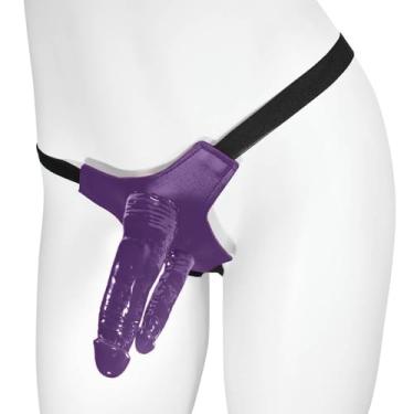 Imagem de Cinta Peniana Ajustável com Pênis Realístico Duplo com Veias 15 x 3,5 cm e 10 x 2,5cm Roxo