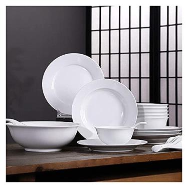 Imagem de Conjunto de jantar de cerâmica, conjunto de 26 peças de louça de cor pura | Prato de bife de porcelana branca, tigela de cereal e tigela de sopa para restaurante