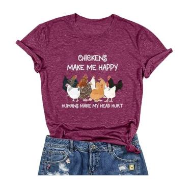 Imagem de BAOKUAN Camiseta feminina com estampa de letras e mangas curtas casual com estampa de galinha engraçada, Roxo, vermelho, XXG