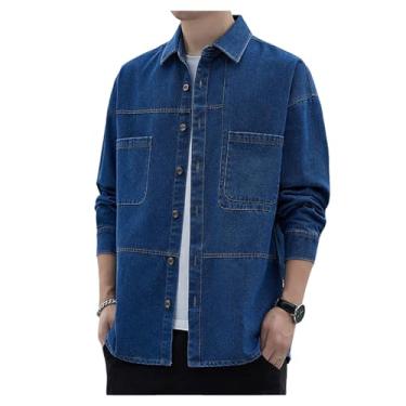 Imagem de Camisa jeans masculina, manga comprida, ombro caído, cor lisa, caimento solto, bolsos frontais, Azul, 4G