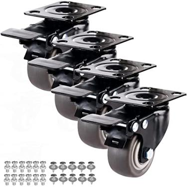 Imagem de Conjunto de 4 rodas giratórias industriais resistentes com freio TPR de poliuretano com trava dupla e rolamento de esferas duplo, sem ruído para bancada de trabalho, móveis, rodízios de placa, cinza
