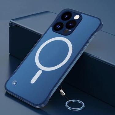 Imagem de Capa magnética translúcida sem fio para iPhone 15 Pro Max 14 Case MatteFrameless Anel de dedo sem bordas, titânio azul, para iPhone 15Pro Max