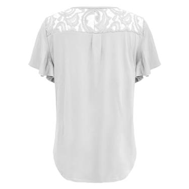 Imagem de New Summer Women's Clothing Camiseta feminina cor sólida malha emenda babados manga curta grande camiseta feminina, Branco, P