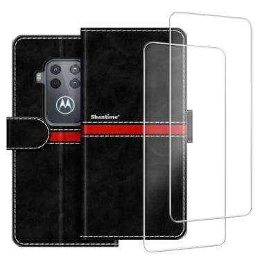 Imagem de ESACMOT Capa de celular compatível com Motorola Moto One Zoom + [pacote com 2] película protetora de tela, capa protetora magnética de couro premium para Motorola One Pro (6,3 polegadas) preta