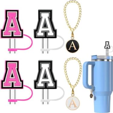 Imagem de Haundry Pacote com 4 capas de canudo para copo Stanley, tampa de palha reutilizável de 10 mm com 2 peças de acessórios de pingente de letra inicial para copo Stanley com alça, rosa branco A