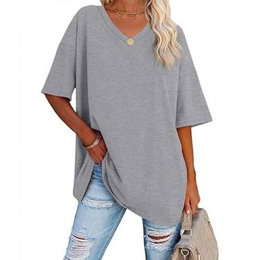 Imagem de Camiseta feminina grande de verão casual manga curta básica plus size túnica Y2K Boyfriend camiseta treino, V cinza-claro, P