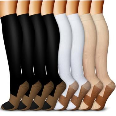 Imagem de Quxiang Meias de compressão para circulação, unissex, (8 pares), excelentes para corrida e ciclismo, 15-20 mmHg, White/Black/Beige, Small-Medium