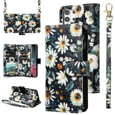 Imagem de Furill Capa carteira para Samsung Galaxy S24 Ultra 5G com alça de pulso alça de ombro transversal flor couro com zíper bolsa suporte para cartão de crédito capa para telefone S24Ultra 24S S 24 24Ultra