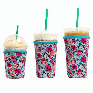 Imagem de Manga de café gelado Baxendale para copos de bebida fria - Pacote com 3 capas de copo de manga de café gelado de neoprene para bebidas frias, reutilizável compatível com Starbucks Dunkin, 4 mm de espessura (3 PK P/M/G, azul floral)