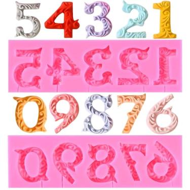 Imagem de OBTANIM Silicone número 0-9 3D em relevo molde de chocolate com orifício de vara para decoração de bolo de aniversário, faça você mesmo, rosa