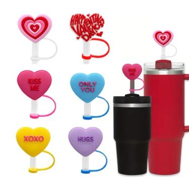 Imagem de 6 peças tampas de palha para copo Stanley, rosa vermelho roxo coração silicone Stanley Straw Topper desenhos coloridos 10 mm Stanley Cup capa de palha dia dos namorados acessórios de topo de palha