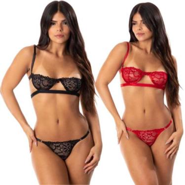 Imagem de Kit 2 Conjunto Lingerie Meia Taça Sutiã Com Aro Calcinha Regulável Gri