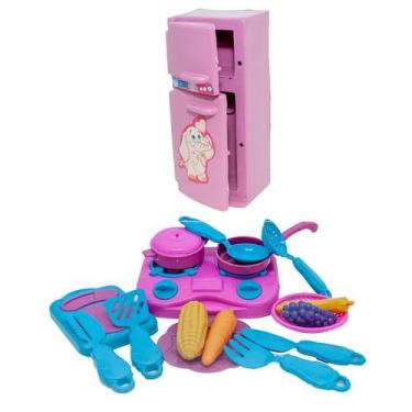 Imagem de Cozinha Jantar Geladeira Brinquedo Criança Comidinhas 17pç - Master To
