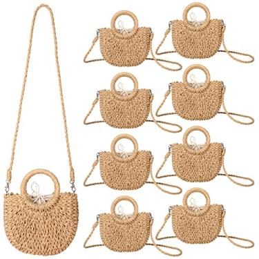 Imagem de Bolsa feminina de palha semicírculo, 8 peças, mini bolsa de palha de praia de rattan, feita à mão, bolsa de ombro transversal, bolsa de ombro com alça superior, bolsa retrô para viagem, verão, noiva