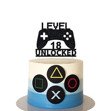 Imagem de Topo de bolo desbloqueado nível 18 topo de bolo de aniversário de 18 anos controle de videogame tema decorações de bolo suprimentos de festa